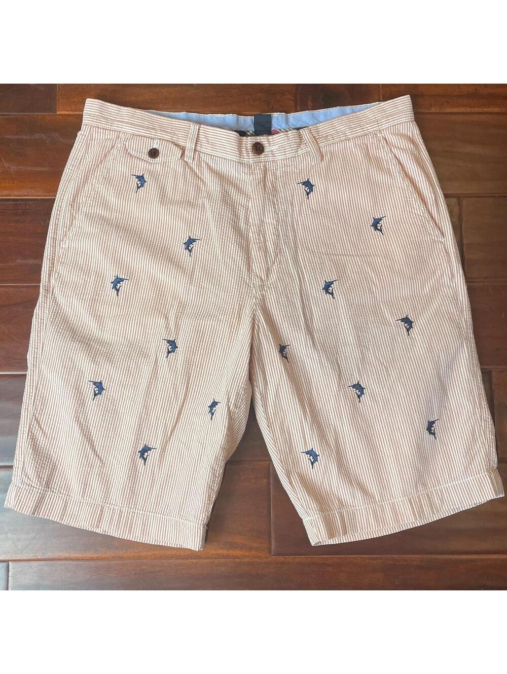 J. Crew Seersucker Shorts Men's 35W Pink White Striped 11" Inseam Flat Front